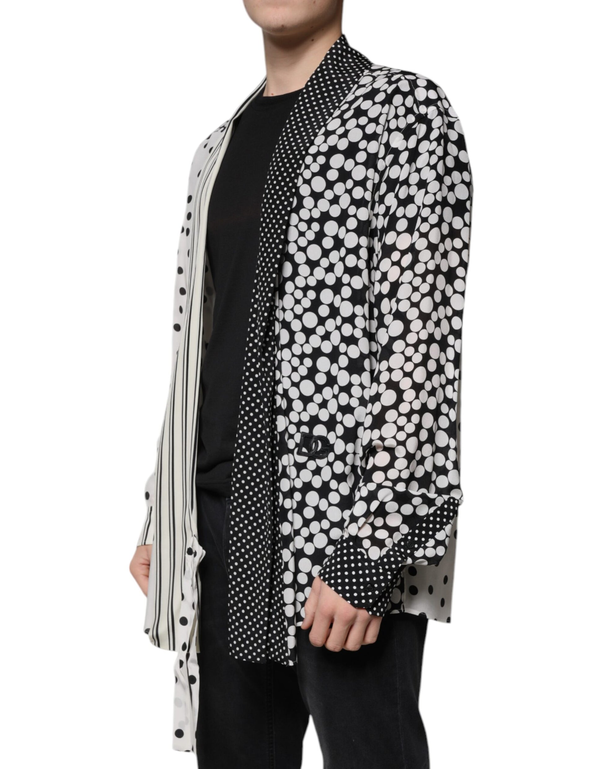 Dolce &amp; Gabbana Schwarz-Weiß Polka Dots Seide Herren Freizeithemd