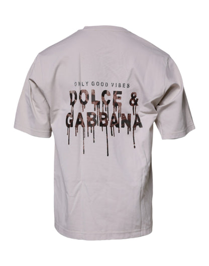Dolce &amp; Gabbana – Beiges T-Shirt mit Rundhalsausschnitt und kurzen Ärmeln und DG-Logo