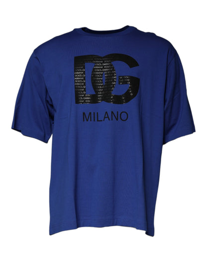 Dolce &amp; Gabbana – Blaues T-Shirt aus Baumwolle mit Rundhalsausschnitt und Logo-Print für Herren