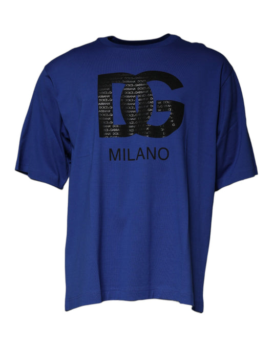 Dolce & Gabbana – Blaues T-Shirt aus Baumwolle mit Rundhalsausschnitt und Logo-Print für Herren