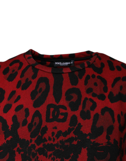 Dolce &amp; Gabbana Rotes ärmelloses Baumwoll-T-Shirt mit Leopardenmuster