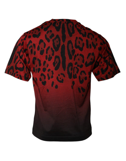Dolce &amp; Gabbana – Rotes, kurzärmliges Baumwoll-T-Shirt mit Leopardenmuster