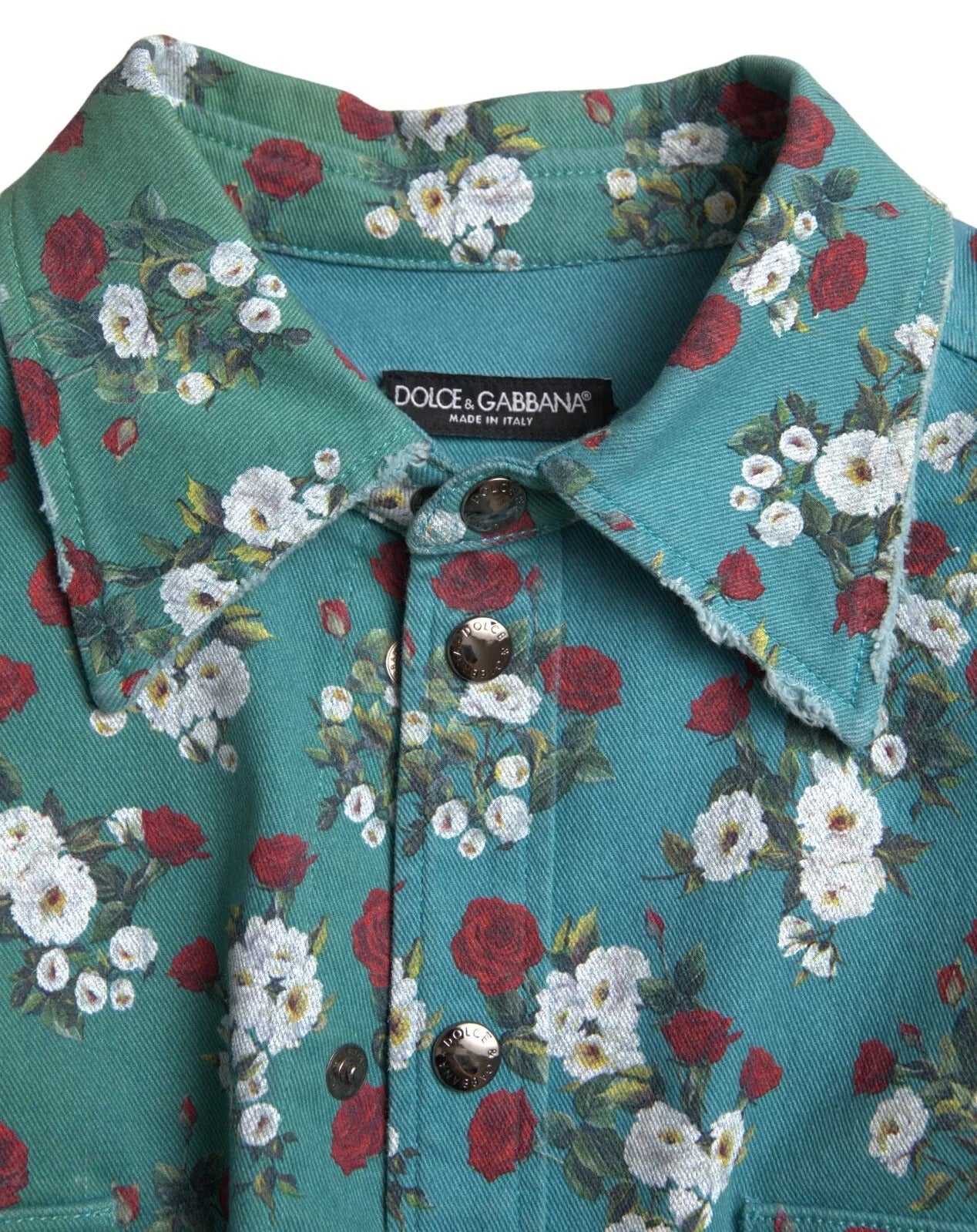 Dolce &amp; Gabbana – Blaues Jeanshemd aus Baumwolle mit Blumenmuster und Knopfleiste