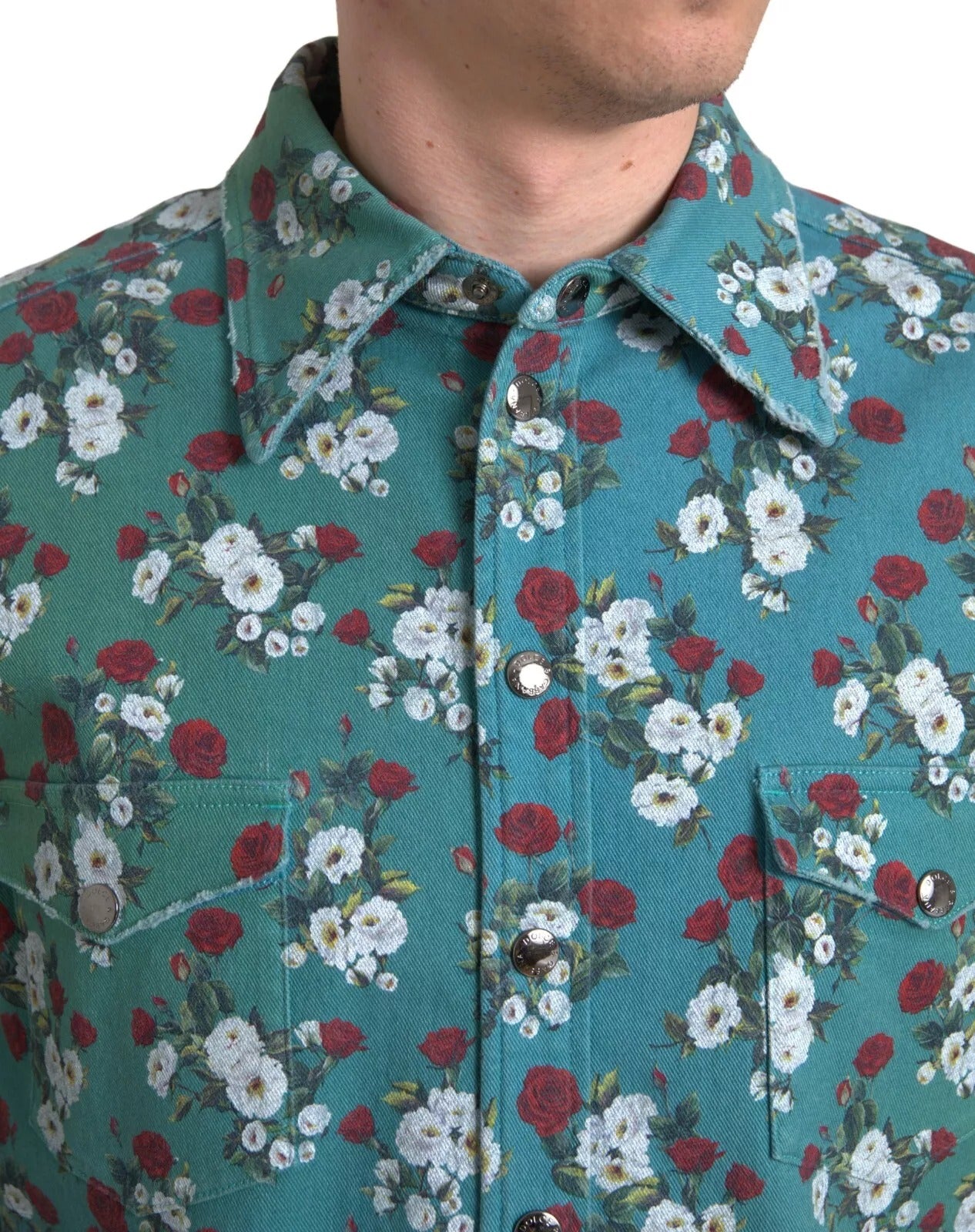 Dolce &amp; Gabbana – Blaues Jeanshemd aus Baumwolle mit Blumenmuster und Knopfleiste
