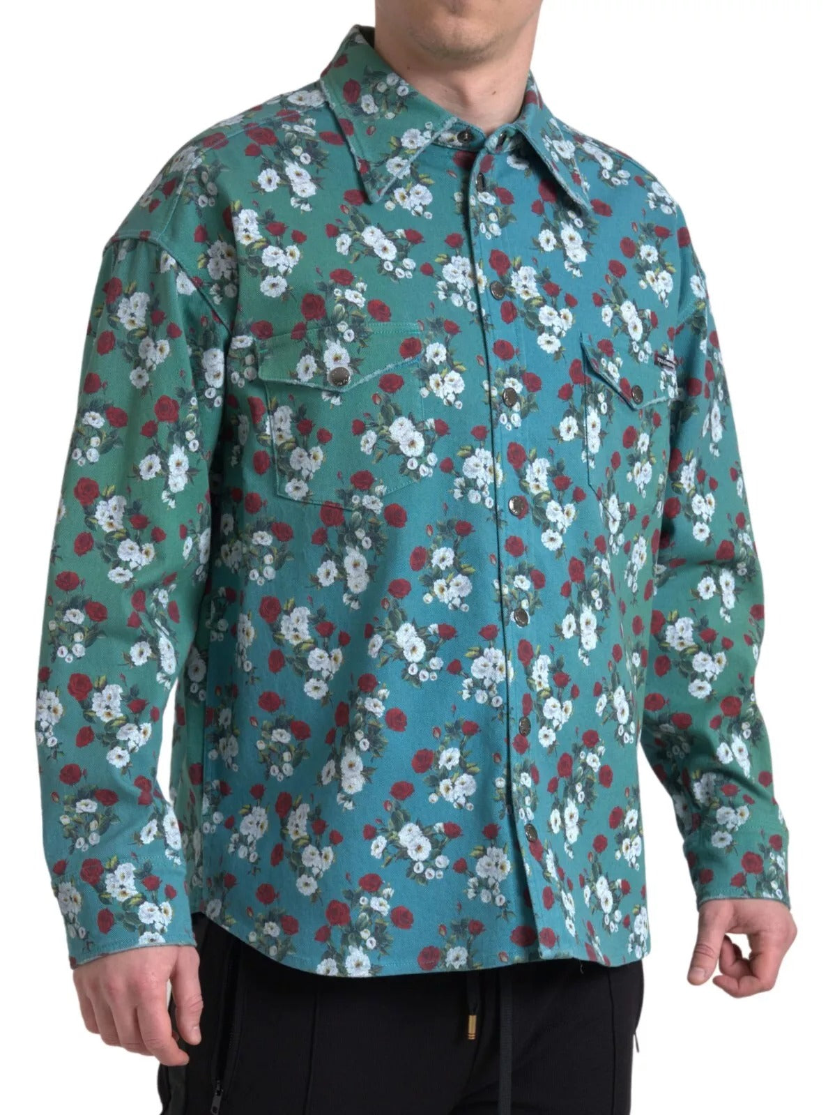 Dolce &amp; Gabbana – Blaues Jeanshemd aus Baumwolle mit Blumenmuster und Knopfleiste