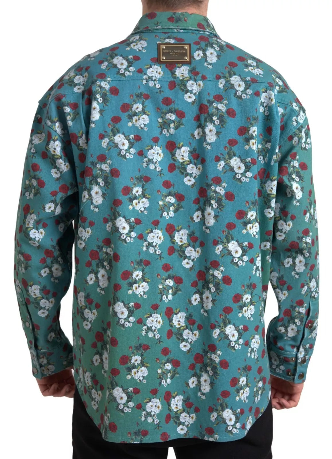 Dolce &amp; Gabbana – Blaues Jeanshemd aus Baumwolle mit Blumenmuster und Knopfleiste