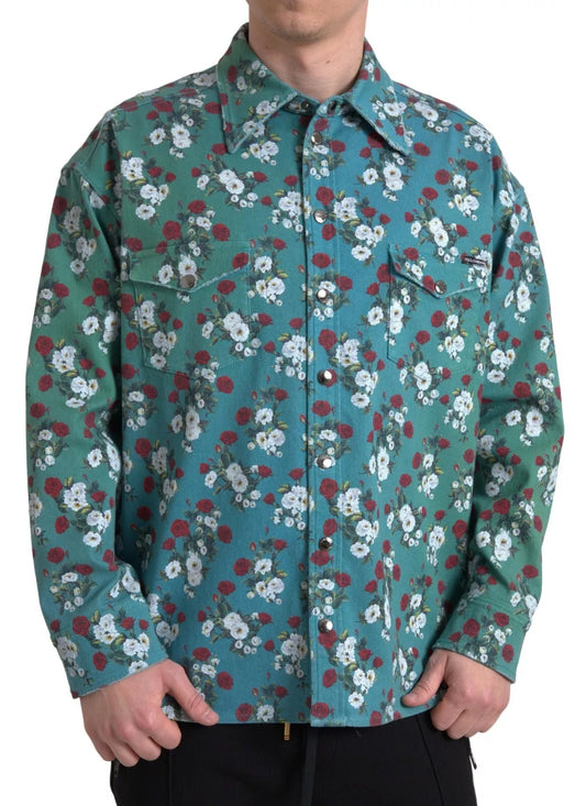 Dolce &amp; Gabbana – Blaues Jeanshemd aus Baumwolle mit Blumenmuster und Knopfleiste