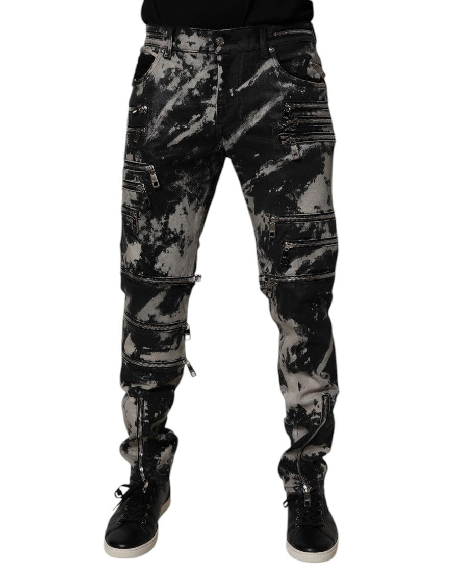 Dolce & Gabbana – Schwarze Skinny-Jeans aus Baumwolle mit Batikmuster und Reißverschluss