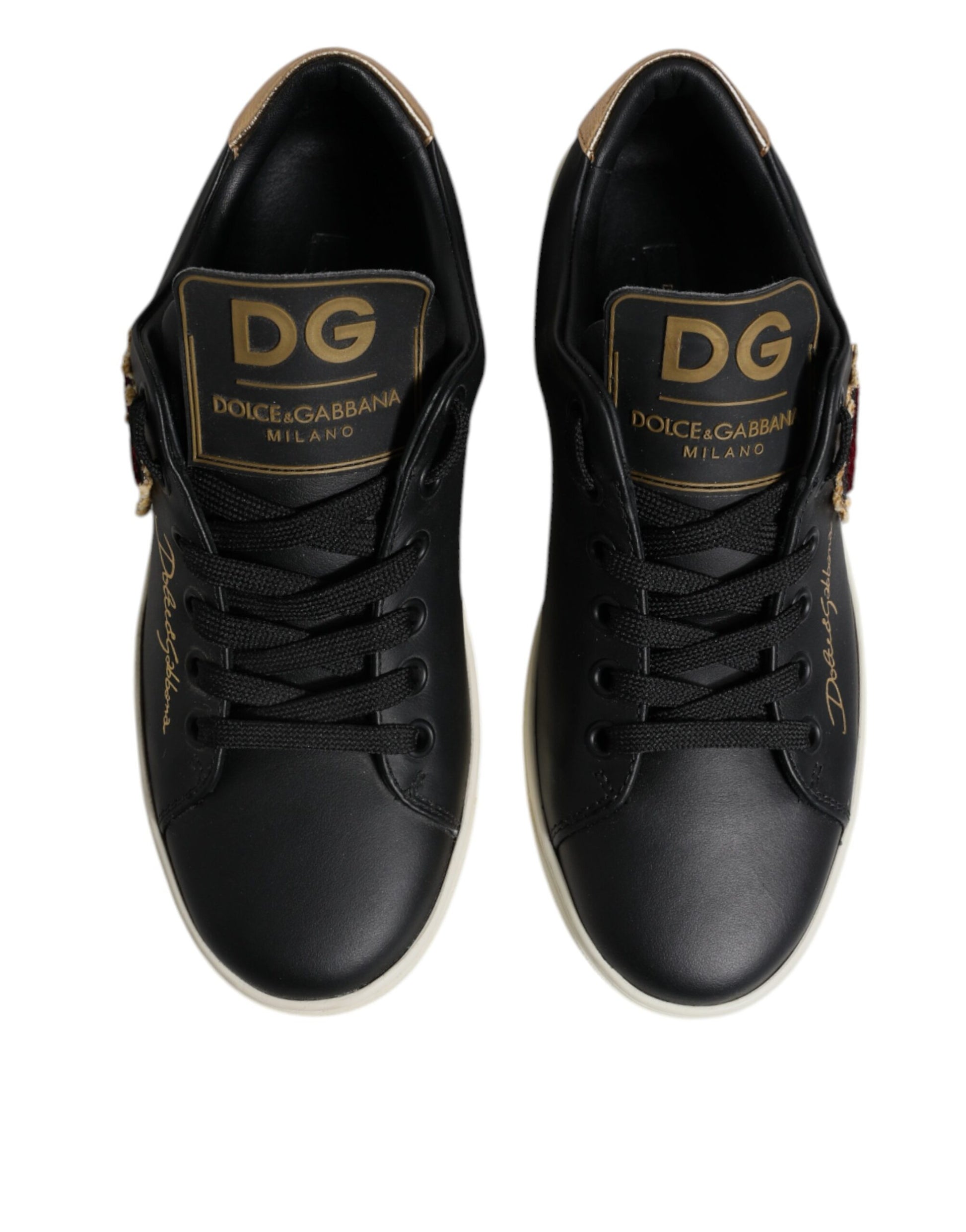 Dolce &amp; Gabbana Schwarze Leder Gold Rote Herz Sneakers Schuhe