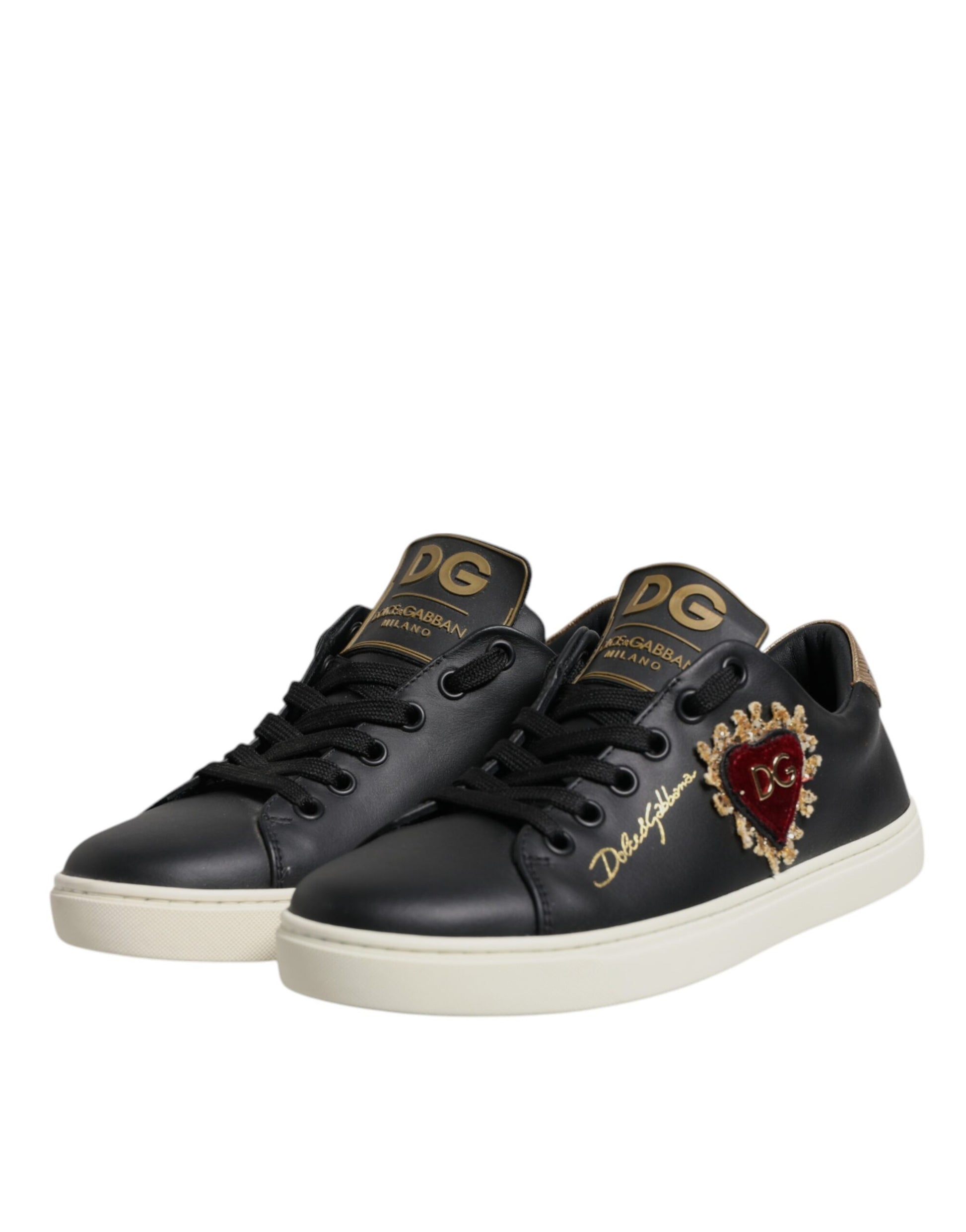 Dolce &amp; Gabbana Schwarze Leder Gold Rote Herz Sneakers Schuhe
