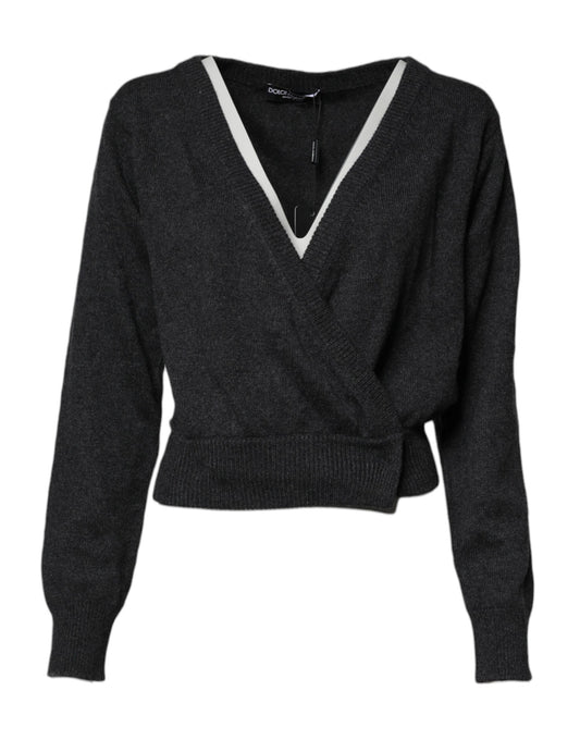Dolce &amp; Gabbana – Grauer Kaschmirpullover mit tiefem V-Ausschnitt