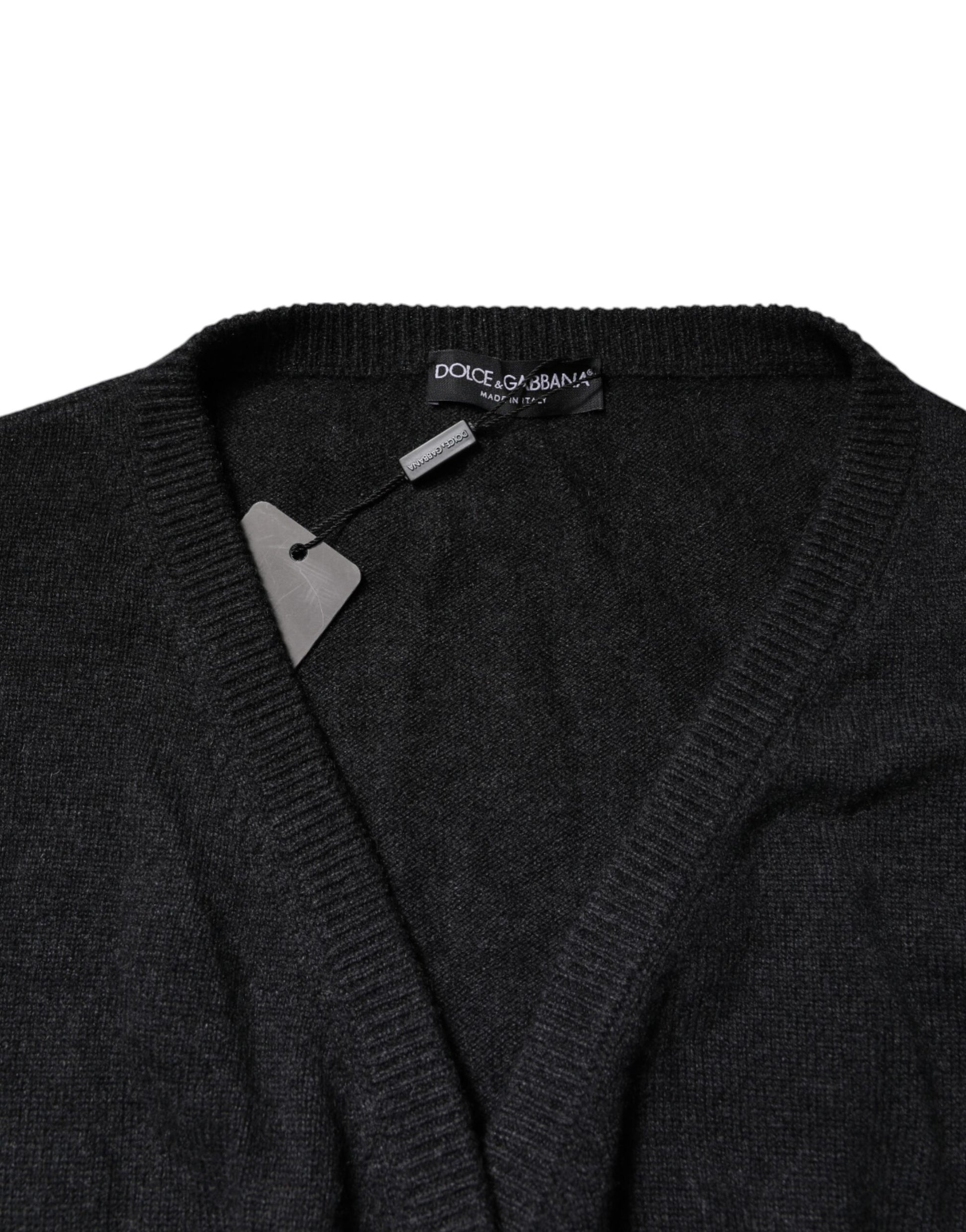 Dolce &amp; Gabbana – Grauer Kaschmirpullover mit tiefem V-Ausschnitt