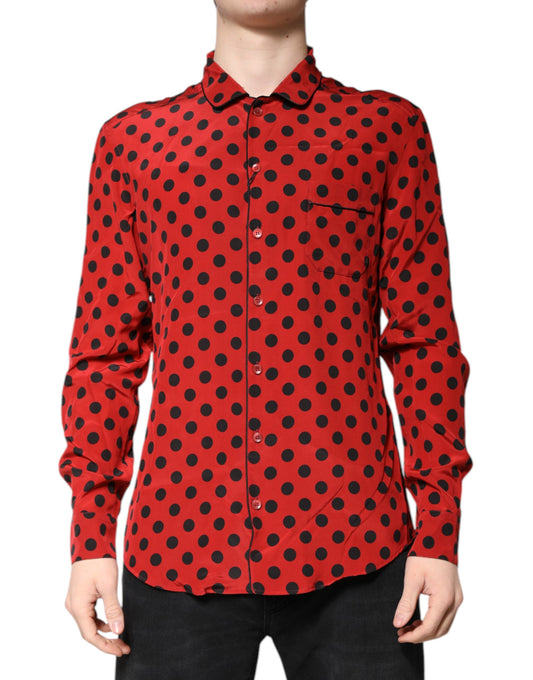 Dolce &amp; Gabbana – Rotes Seiden-Langarmhemd mit Tupfenmuster
