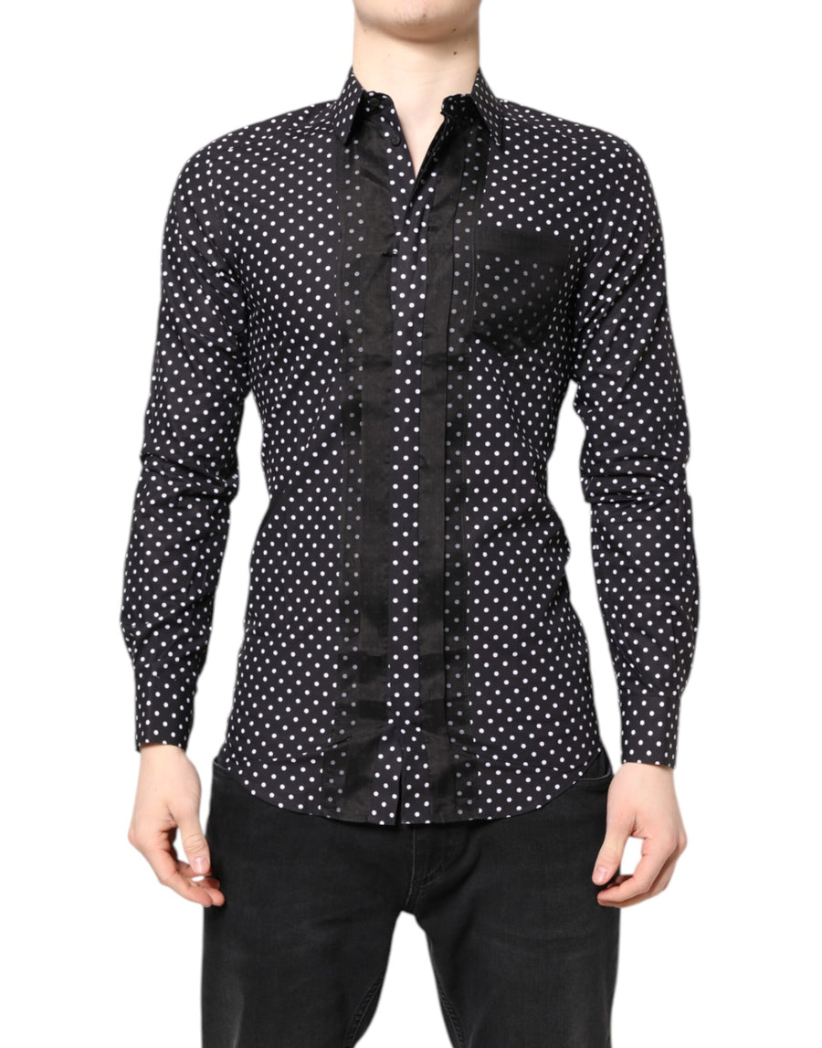 Dolce & Gabbana – Schwarzes, gepunktetes, langärmliges, goldenes formelles Hemd