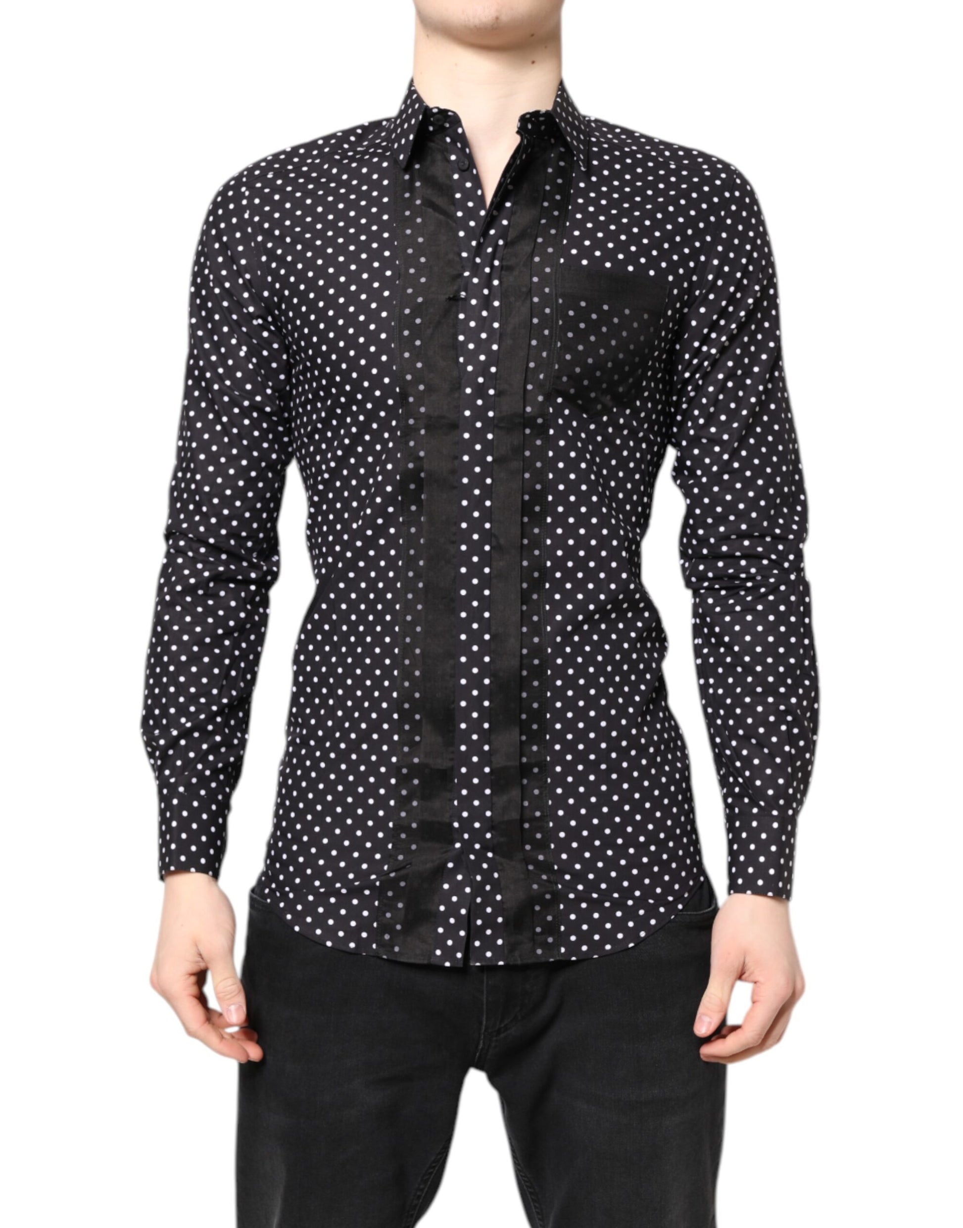 Dolce &amp; Gabbana – Schwarzes, gepunktetes, langärmliges, goldenes formelles Hemd