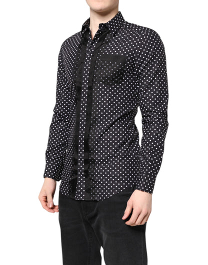 Dolce &amp; Gabbana – Schwarzes, gepunktetes, langärmliges, goldenes formelles Hemd