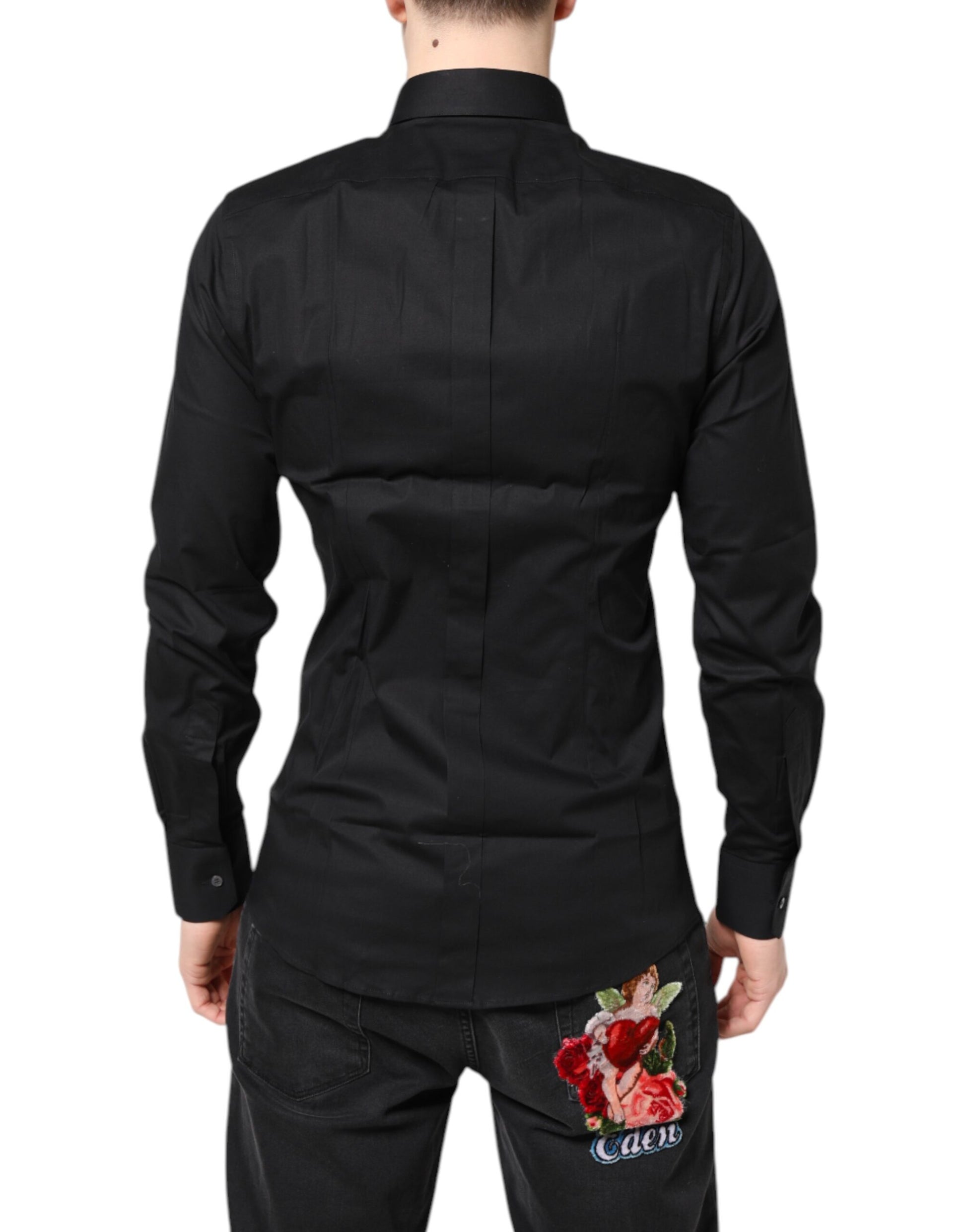 Dolce &amp; Gabbana – Schwarzes, goldenes Langarmhemd aus Baumwolle