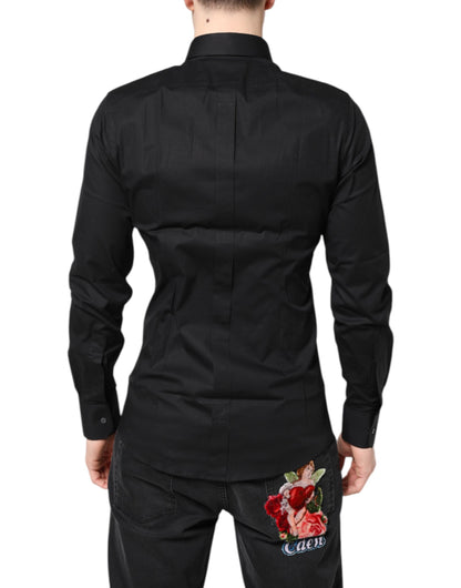 Dolce &amp; Gabbana – Schwarzes, goldenes Langarmhemd aus Baumwolle
