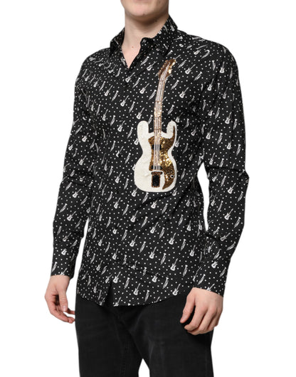 Dolce &amp; Gabbana Schwarzes GOLD-Hemd mit Instrumentenverzierung