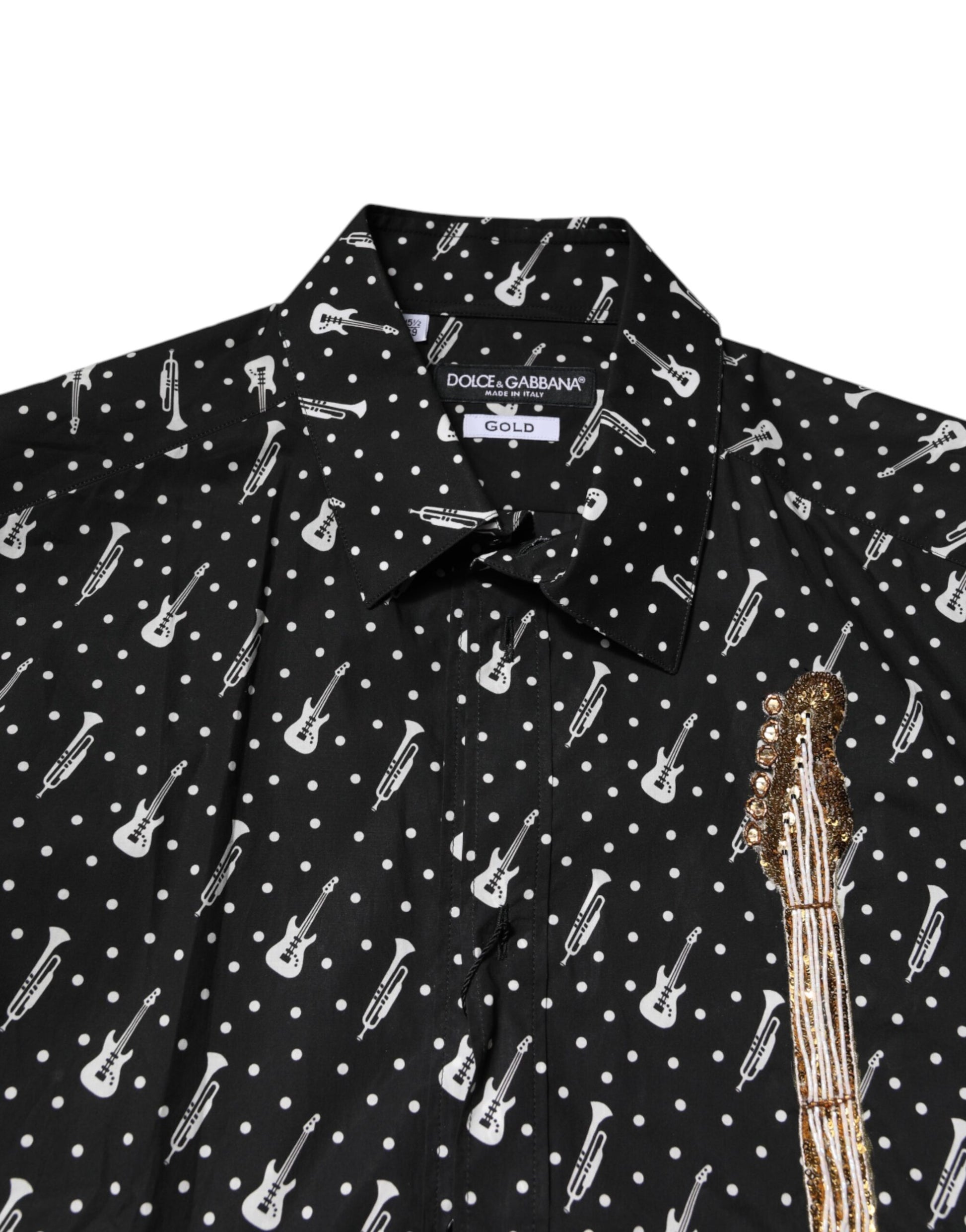 Dolce &amp; Gabbana Schwarzes GOLD-Hemd mit Instrumentenverzierung