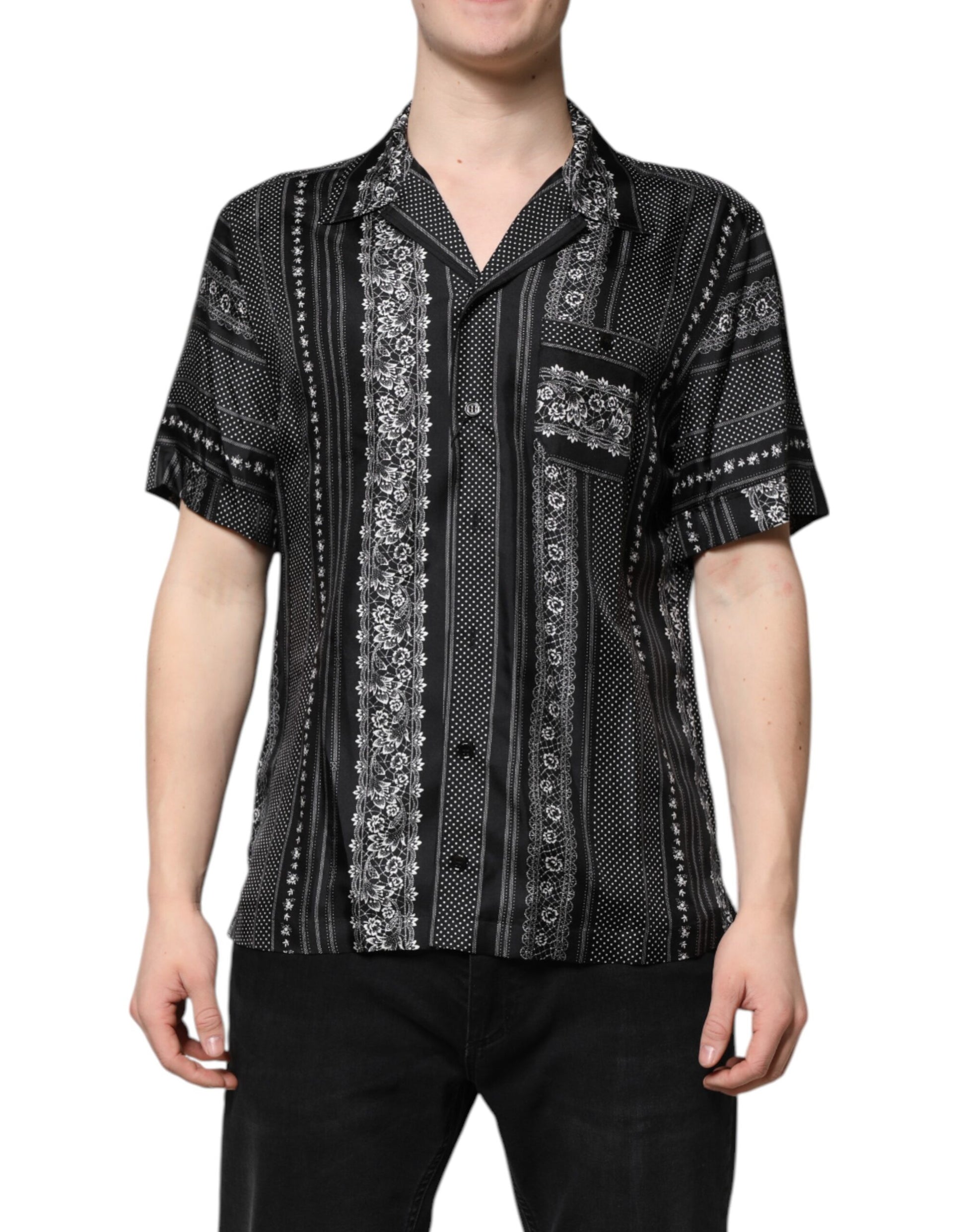 Dolce &amp; Gabbana – Schwarzes Seidenhemd mit Blumendruck und kurzen Ärmeln
