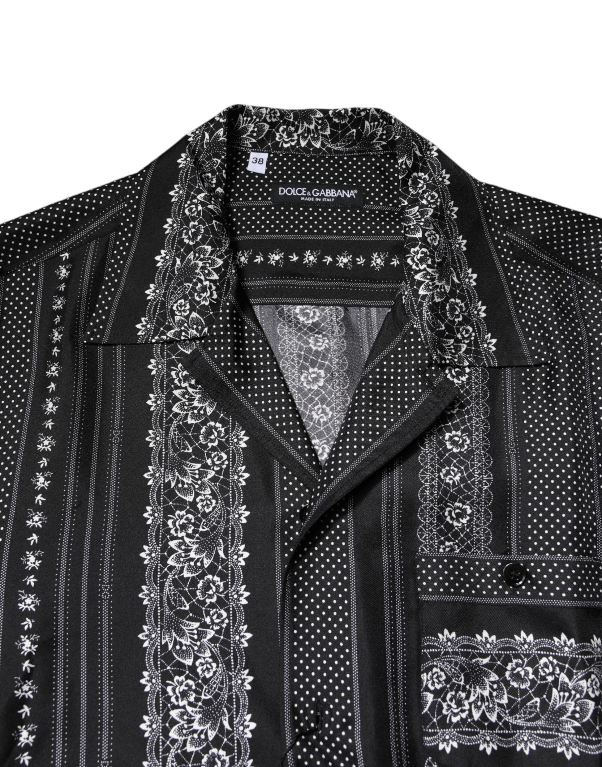 Dolce &amp; Gabbana – Schwarzes Seidenhemd mit Blumendruck und kurzen Ärmeln