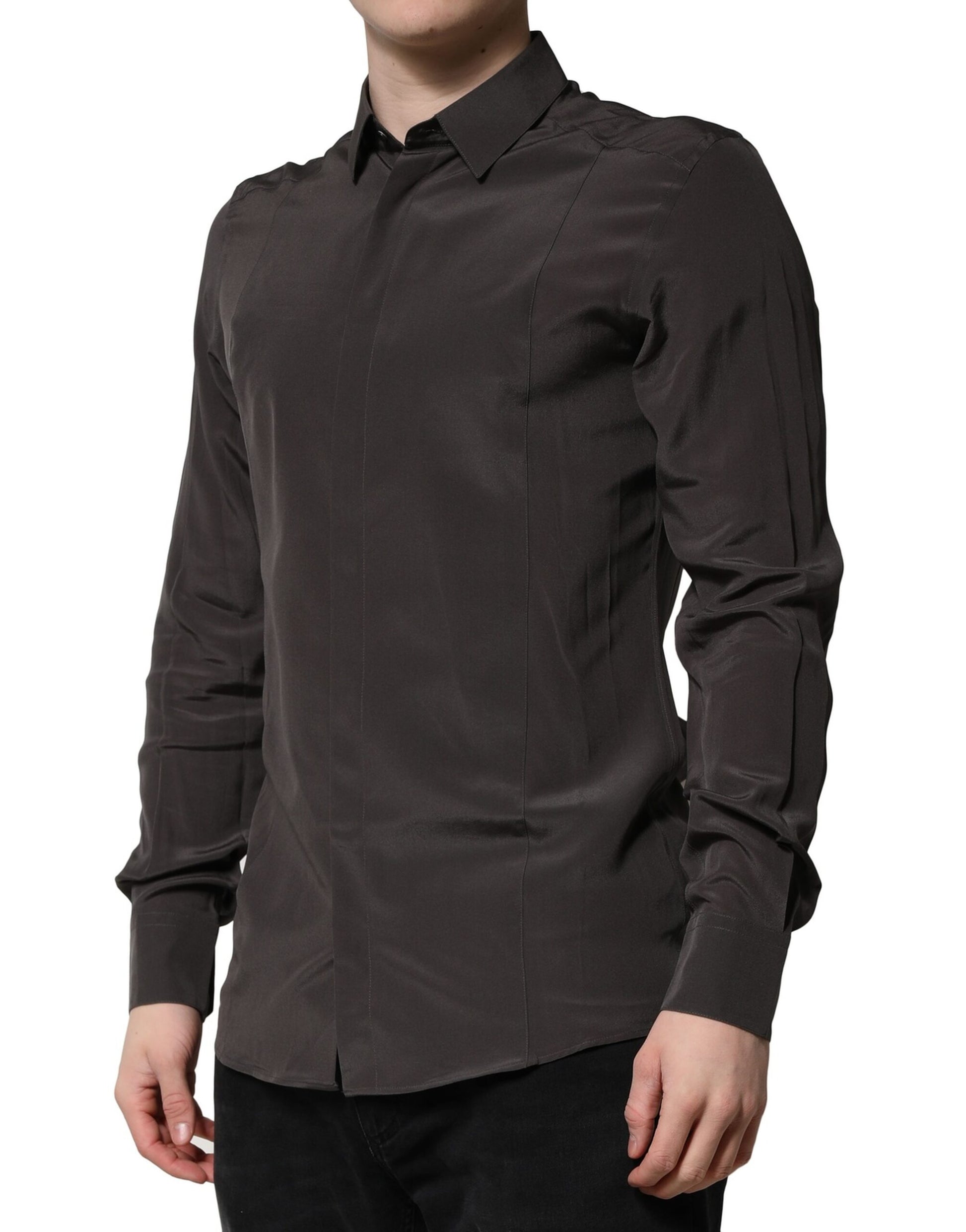 Dolce &amp; Gabbana Dunkelbraunes Seiden-GOLD-Herrenhemd