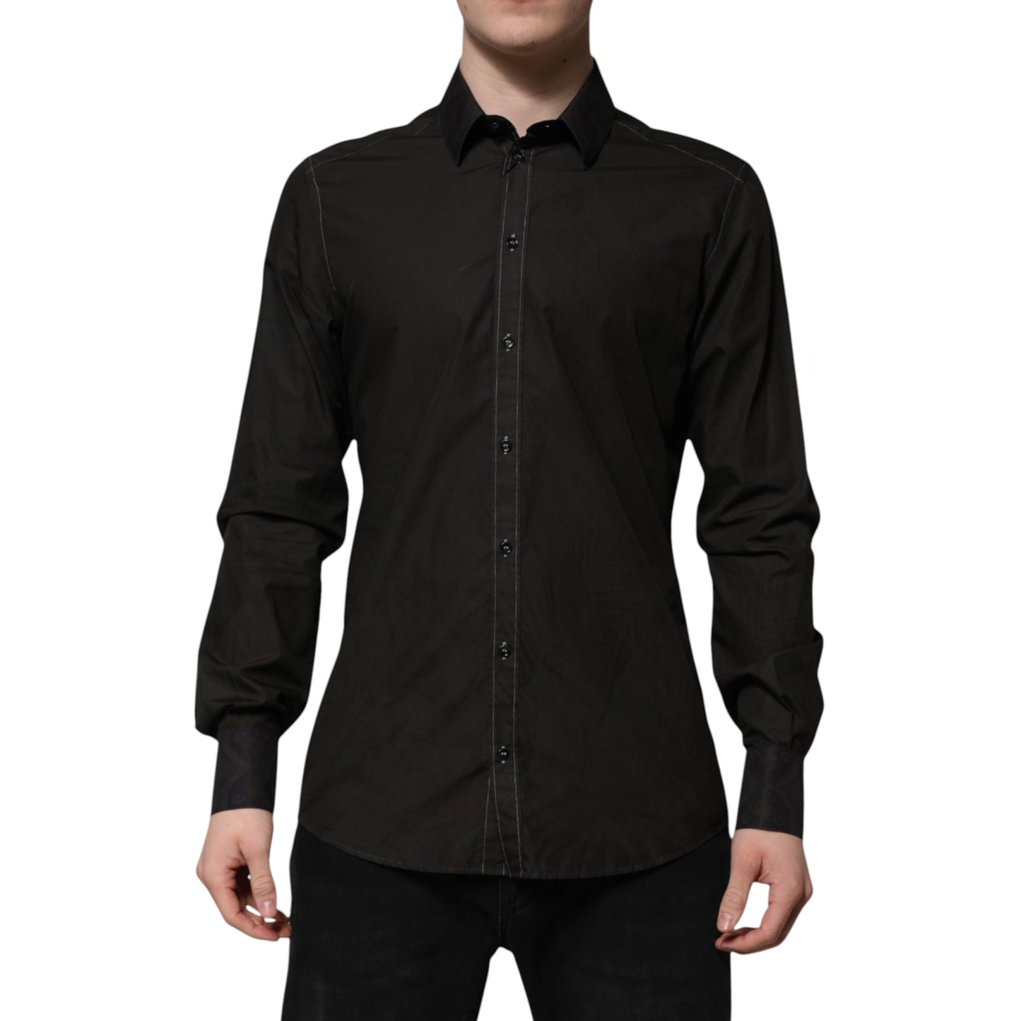 Dolce &amp; Gabbana Schwarzes Baumwoll-Jacquardhemd mit GOLD-Kragen