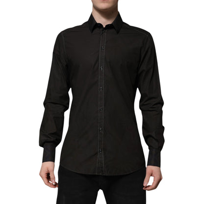 Dolce &amp; Gabbana Schwarzes Baumwoll-Jacquardhemd mit GOLD-Kragen