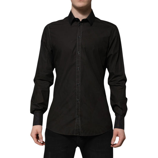 Dolce &amp; Gabbana Schwarzes Baumwoll-Jacquardhemd mit GOLD-Kragen
