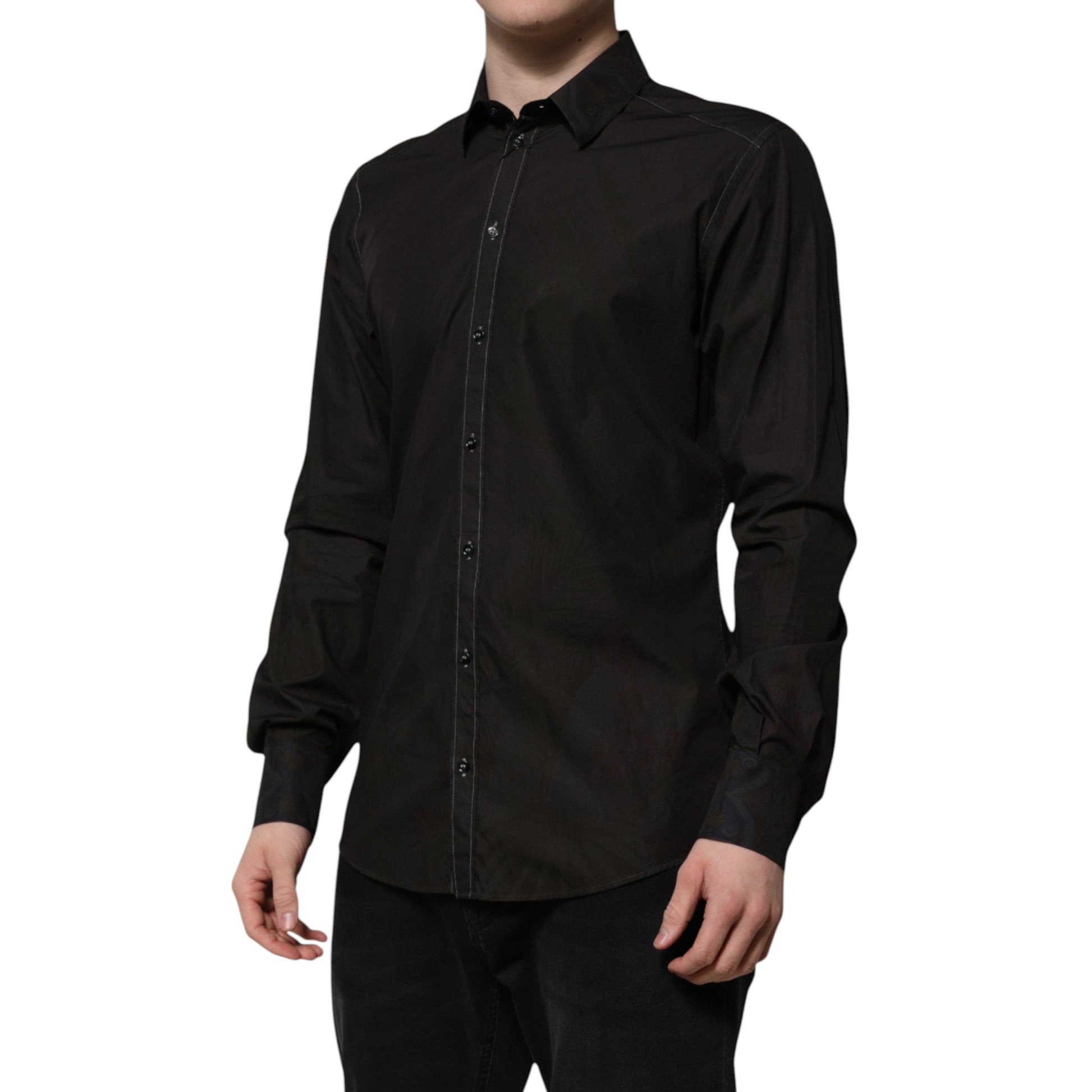Dolce &amp; Gabbana Schwarzes Baumwoll-Jacquardhemd mit GOLD-Kragen