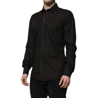 Dolce &amp; Gabbana Schwarzes Baumwoll-Jacquardhemd mit GOLD-Kragen
