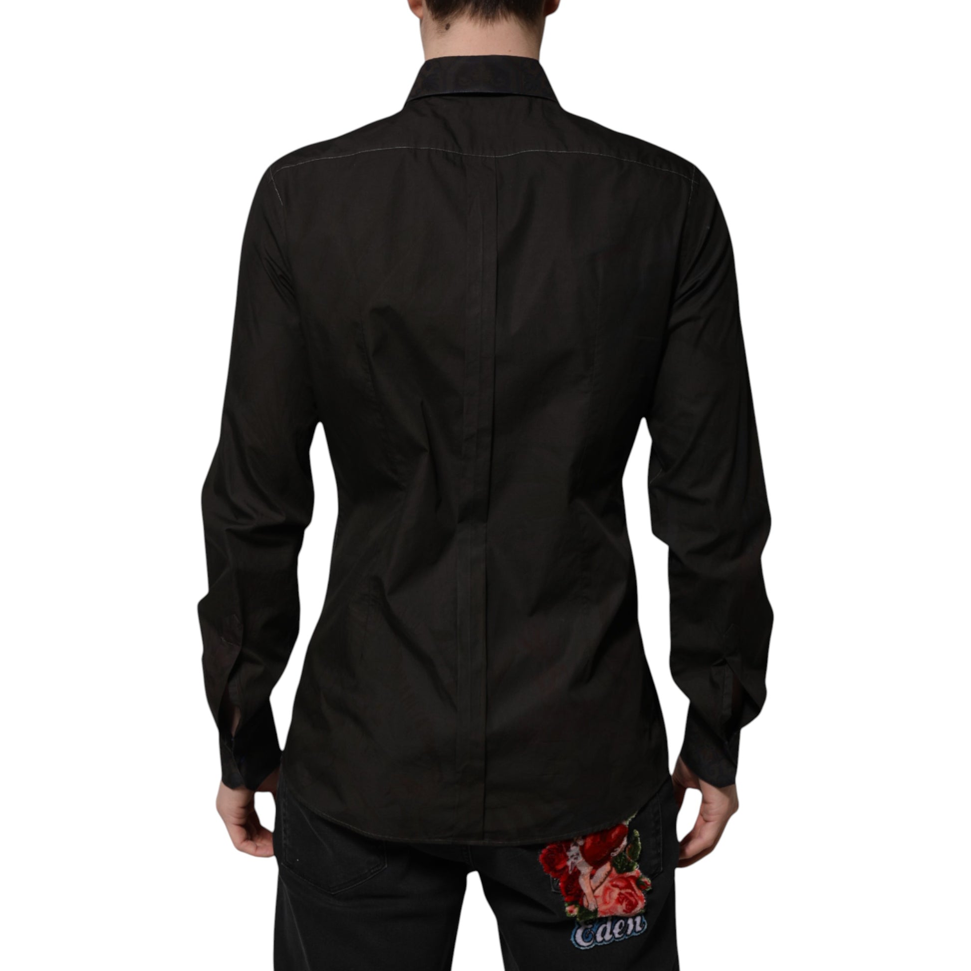 Dolce &amp; Gabbana Schwarzes Baumwoll-Jacquardhemd mit GOLD-Kragen