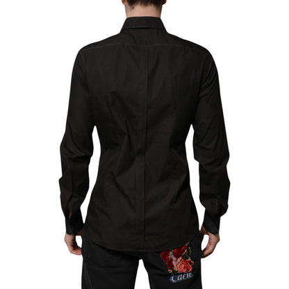 Dolce &amp; Gabbana Schwarzes Baumwoll-Jacquardhemd mit GOLD-Kragen