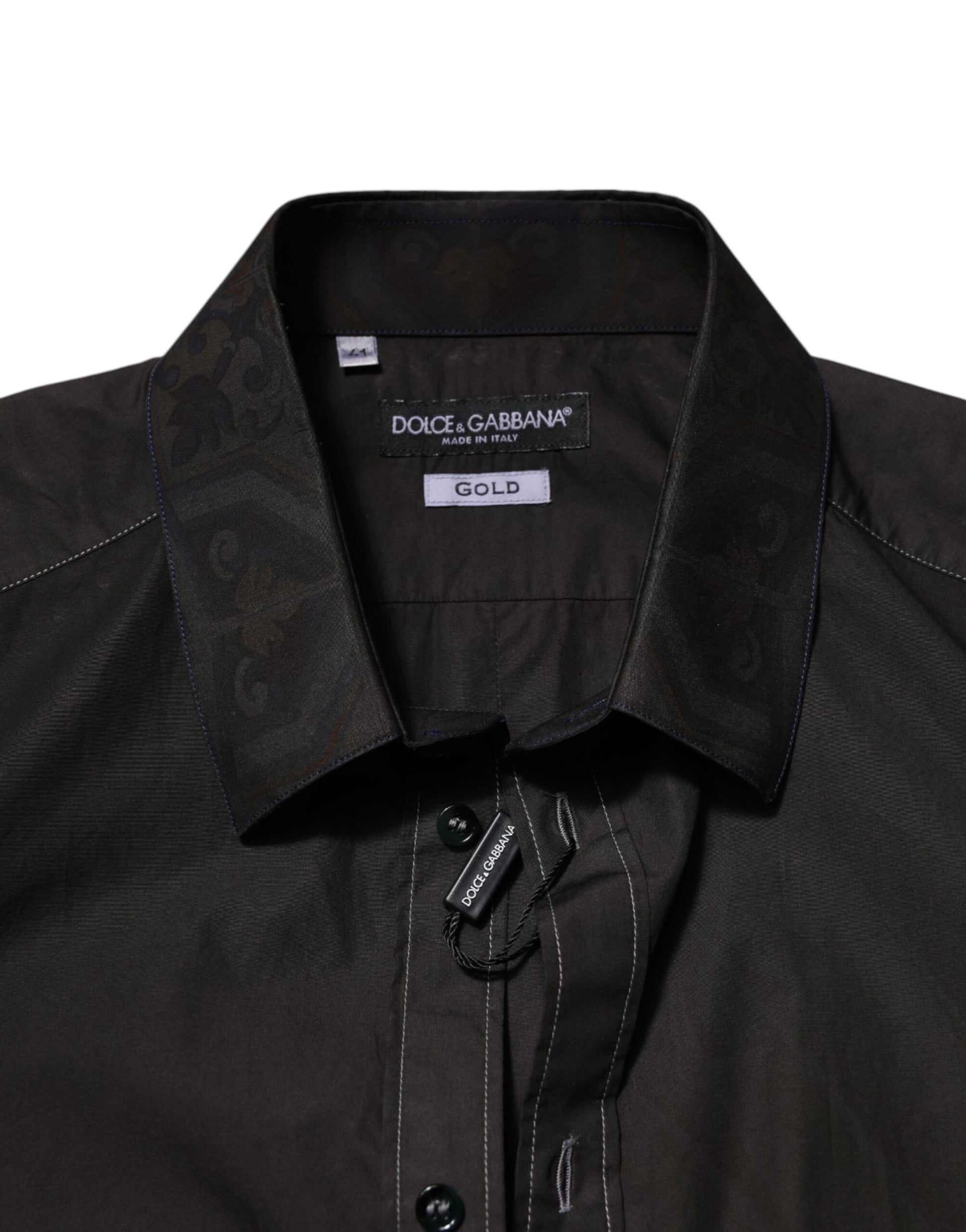 Dolce &amp; Gabbana Schwarzes Baumwoll-Jacquardhemd mit GOLD-Kragen
