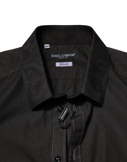Dolce &amp; Gabbana Schwarzes Baumwoll-Jacquardhemd mit GOLD-Kragen