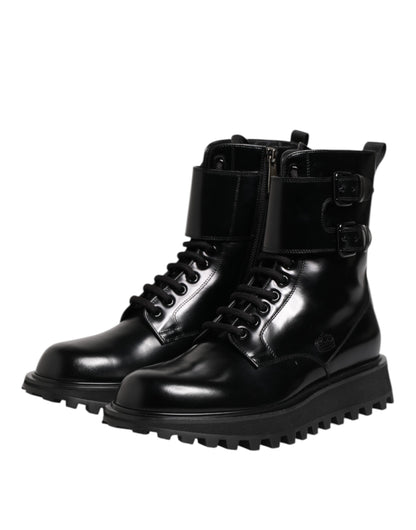 Dolce & Gabbana Black Leather Lace Up Mid Calf Boots Shoes