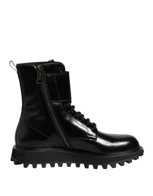 Dolce & Gabbana Black Leather Lace Up Mid Calf Boots Shoes