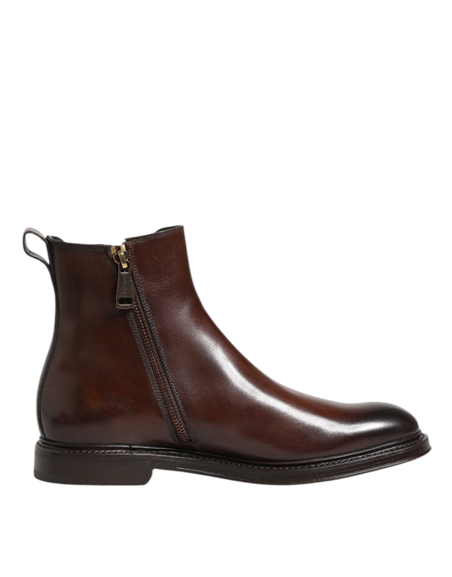 Dolce & Gabbana Brown Chelsea Leather Mid Calf Boots Shoes