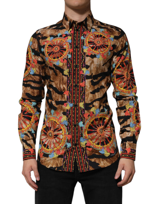 Dolce &amp; Gabbana GOLD Langarmhemd aus Baumwolle mit Tiger-Carretto-Muster