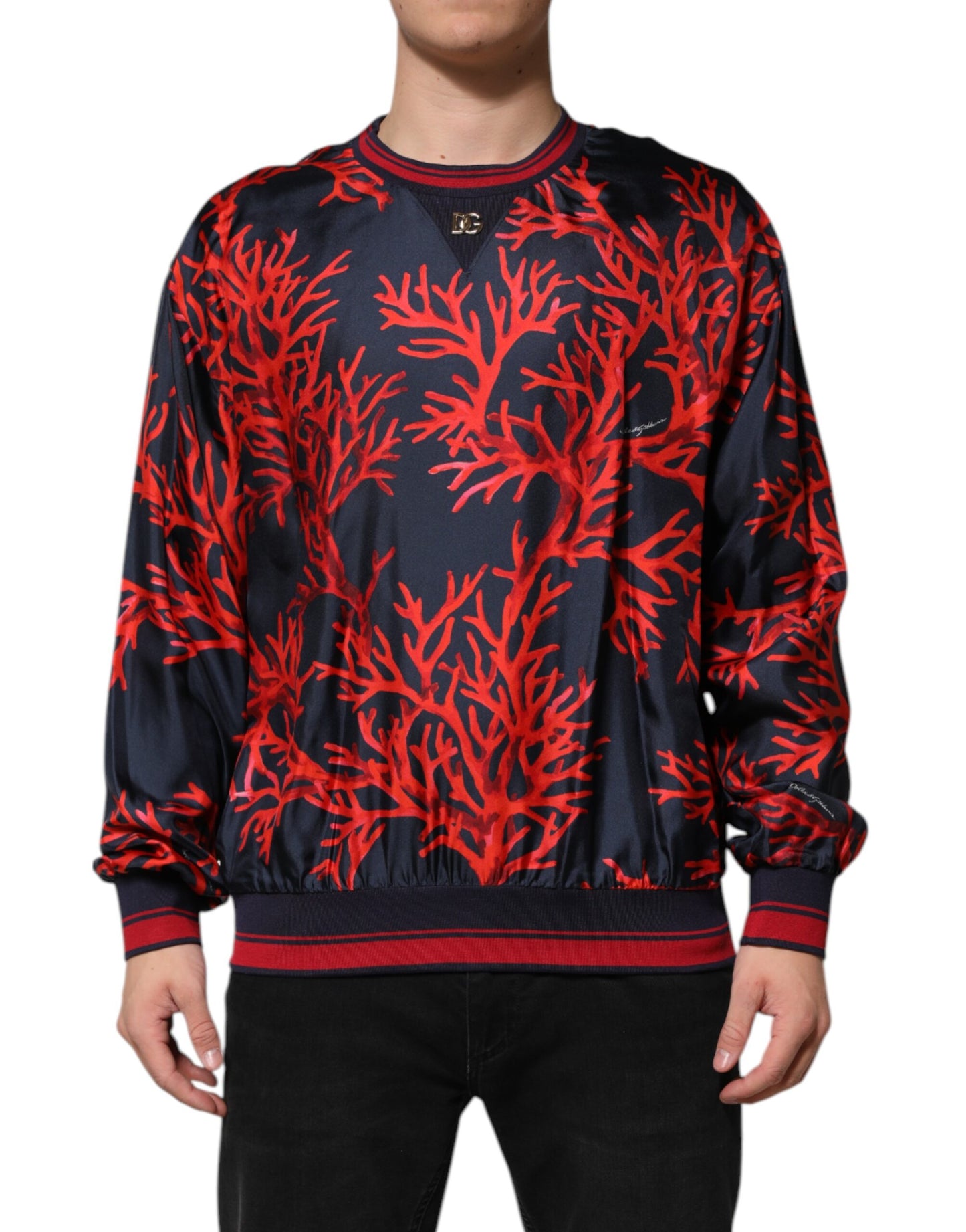 Dolce &amp; Gabbana Marineblauer Pullover aus Seide mit Korallendruck
