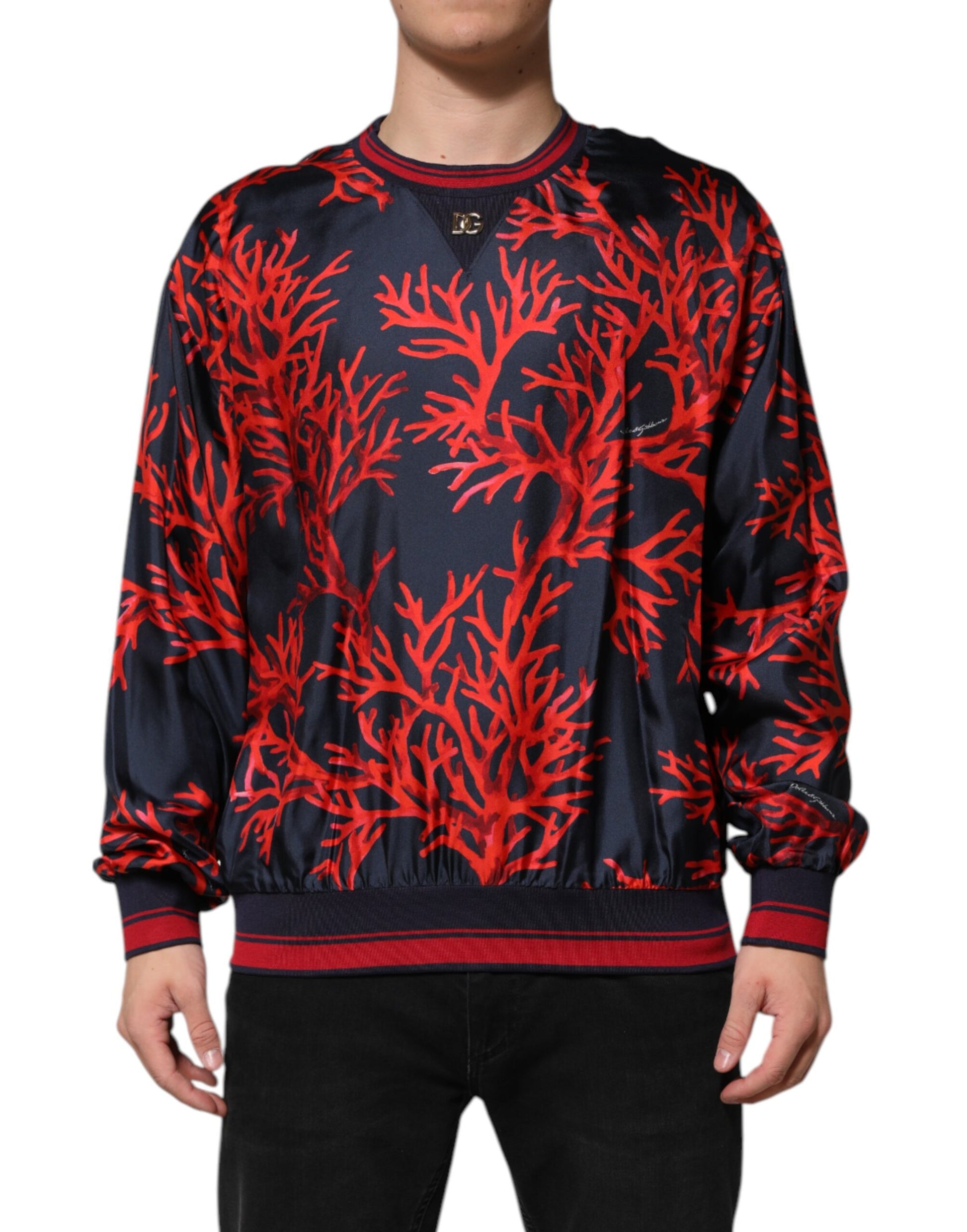 Dolce &amp; Gabbana Marineblauer Pullover aus Seide mit Korallendruck