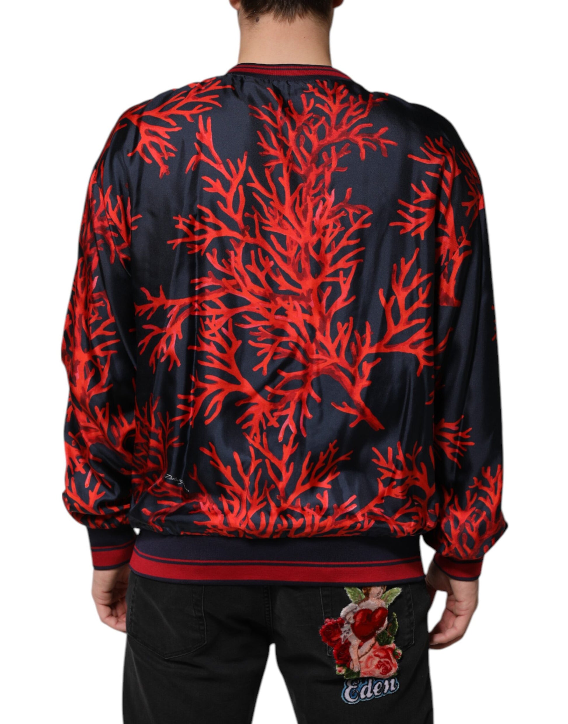 Dolce &amp; Gabbana Marineblauer Pullover aus Seide mit Korallendruck