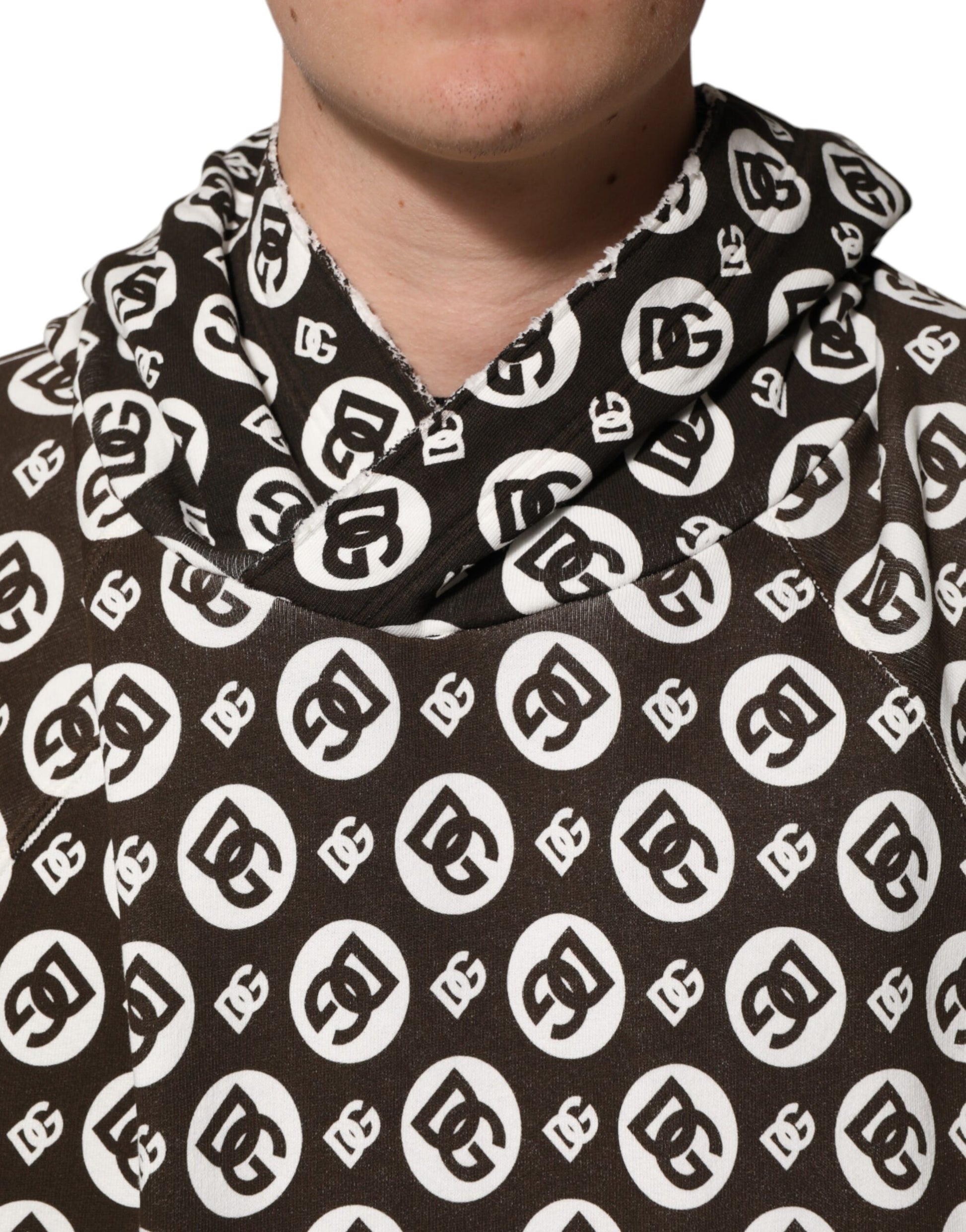 Dolce &amp; Gabbana Braun-weißer kurzer Kapuzenpullover mit DG-Logo