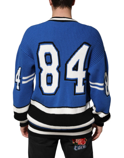 Dolce &amp; Gabbana – Blauer Cardigan aus gerippter Baumwolle mit Logo-Patch
