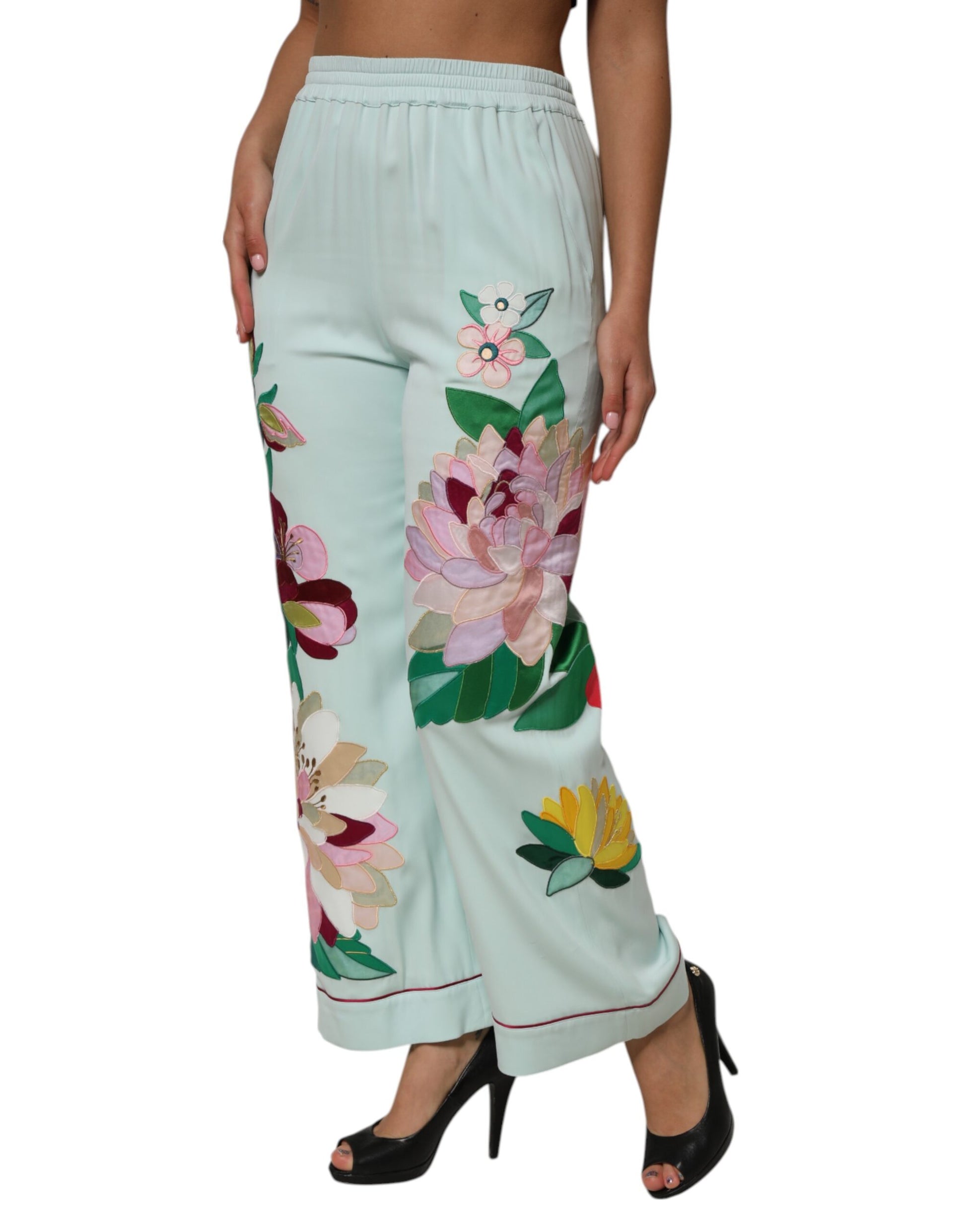 Dolce &amp; Gabbana, grüne, gerade Pyjamahose mit Strumpfband und Blumenmuster