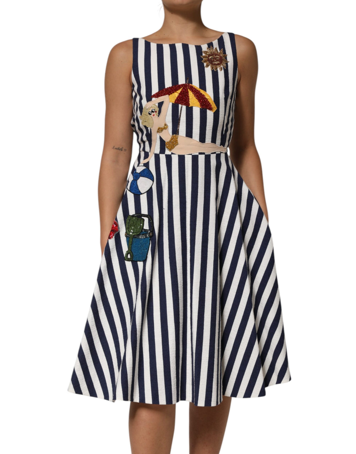 Dolce & Gabbana Blue White Striped Embroidered A-line Dress