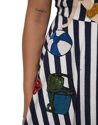 Dolce & Gabbana Blue White Striped Embroidered A-line Dress