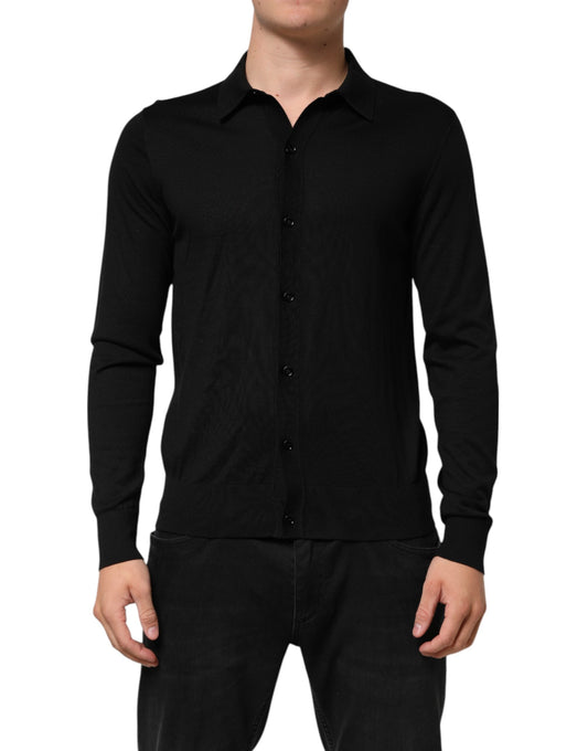 Dolce &amp; Gabbana – Schwarzer, leichter Seidenpullover mit Knopfleiste