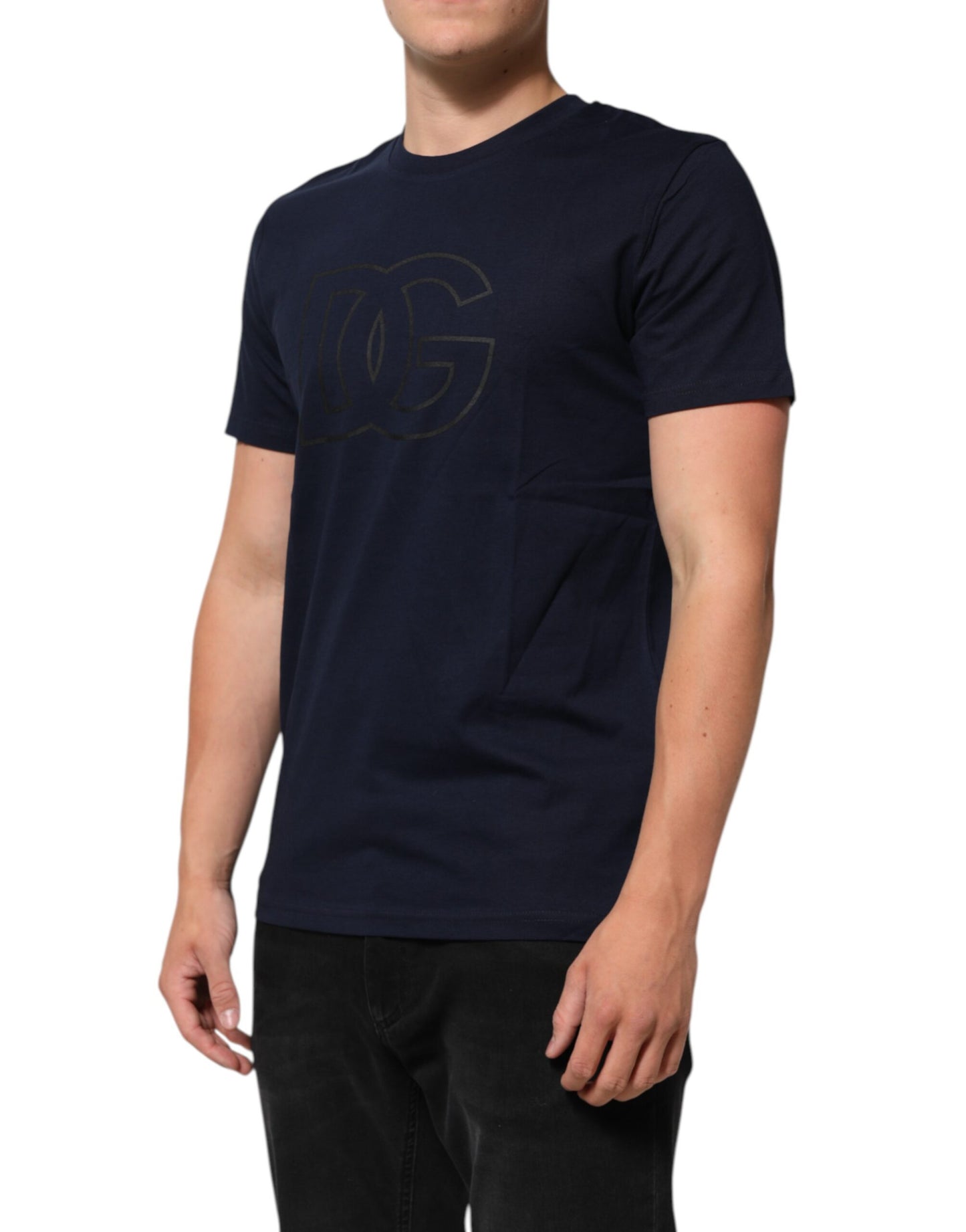 Dolce &amp; Gabbana Herren-T-Shirt aus dunkelblauer Baumwolle mit DG-Logo-Print